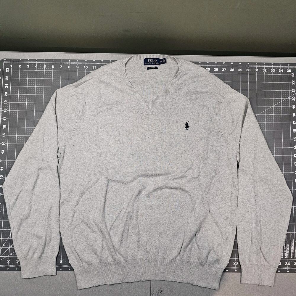 Polo Ralph Lauren Sweater XL Gray Supima Slim V Neck Golf Preppy Academia Ivy